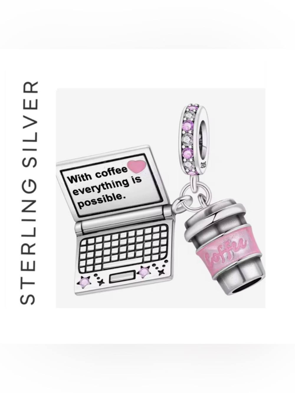 🌟 S925 Sterling Silver Laptop and Coffee Dangle Charm